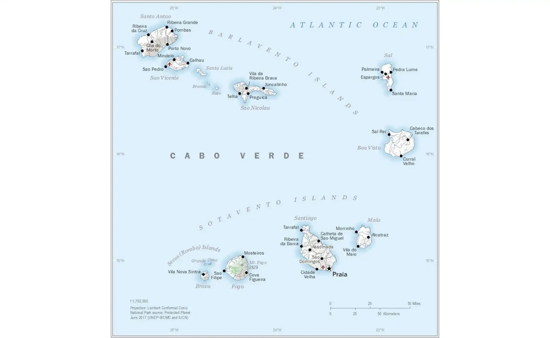Map of Cape Verde showing all islands and major cities