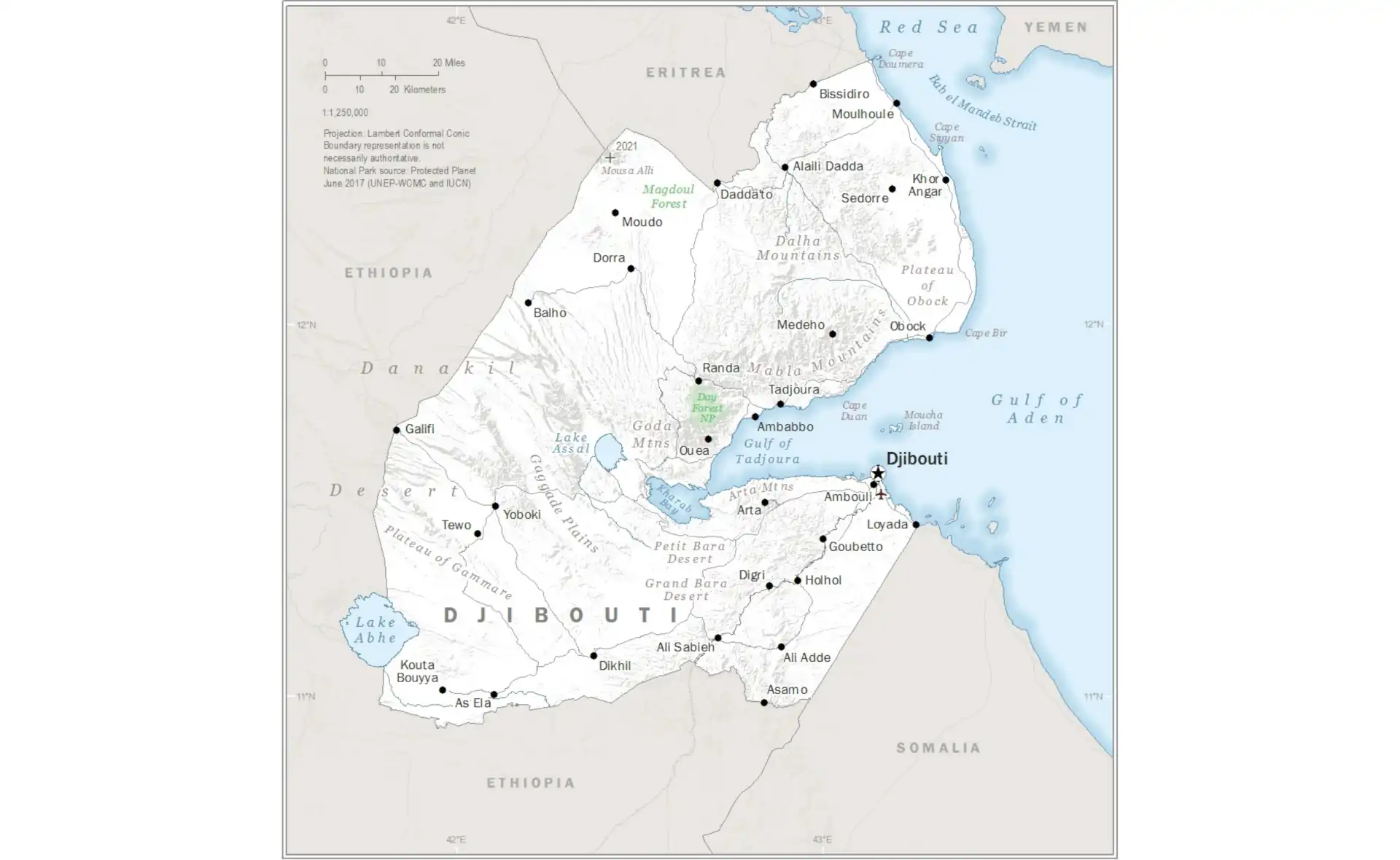 Map of Djibouti showing major cities, borders, and geographical features