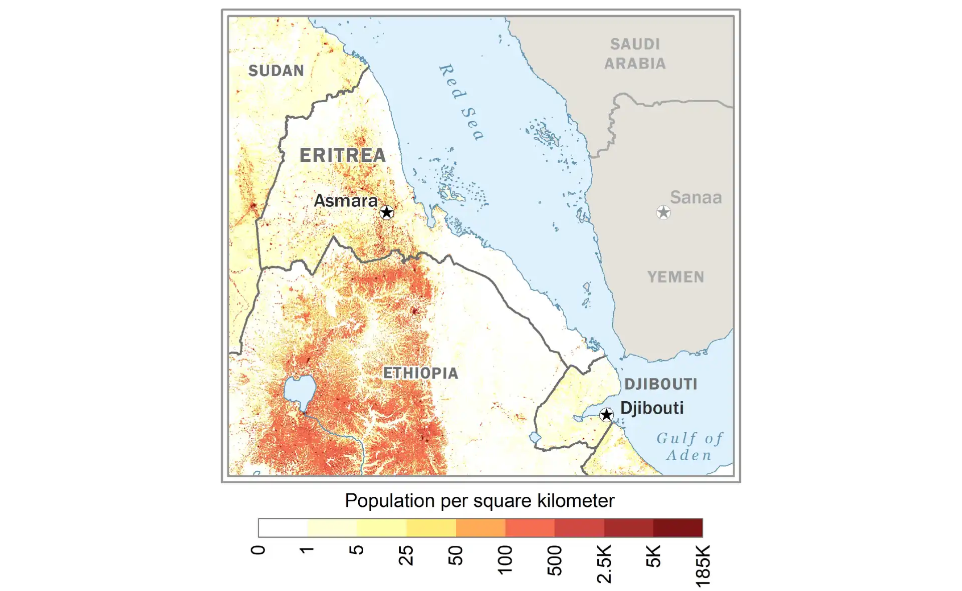 Population density map of Eritrea showing distribution patterns across highlands, lowlands, and coastal areas
