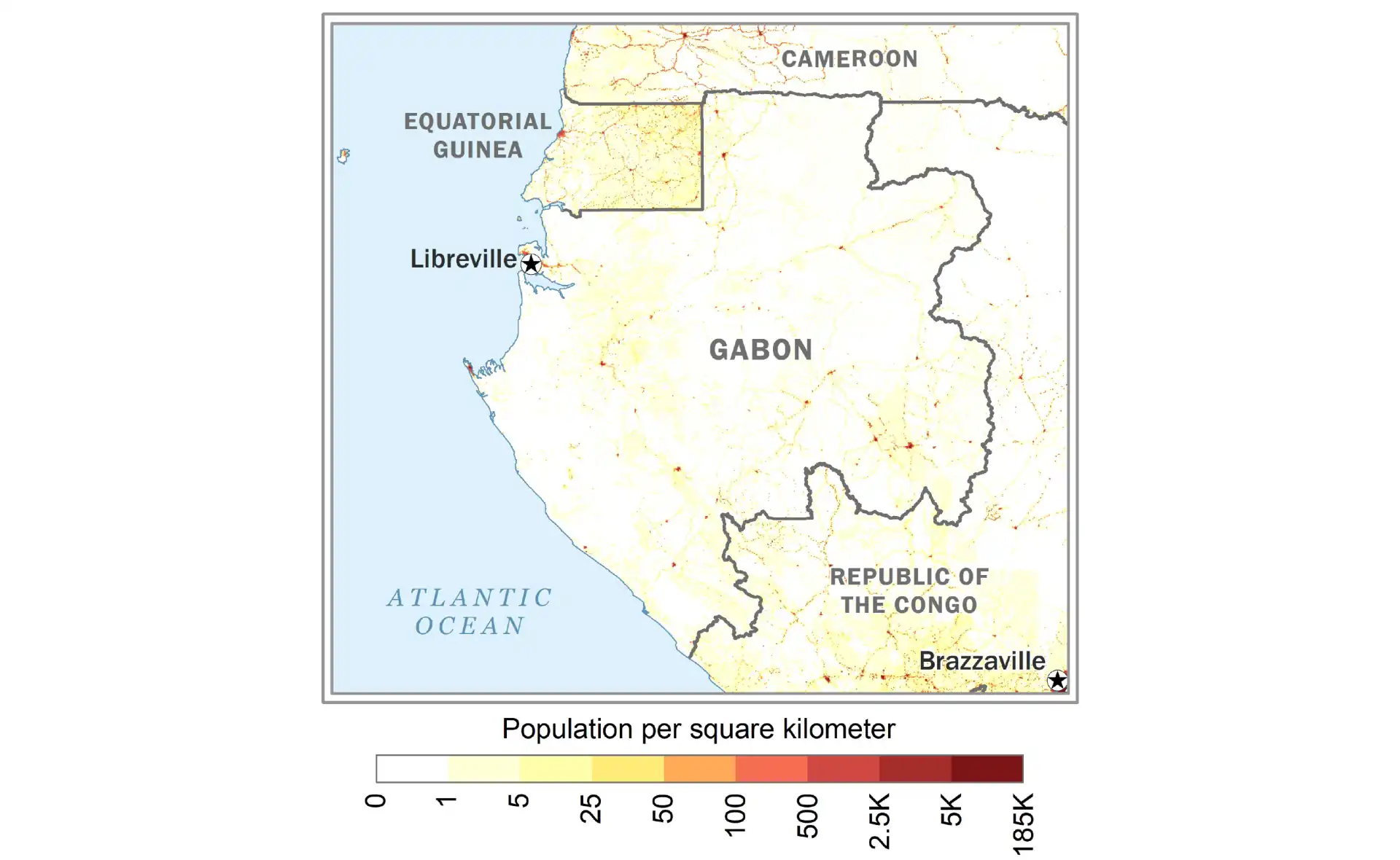 Gabon population density map showing distribution of inhabitants across the country