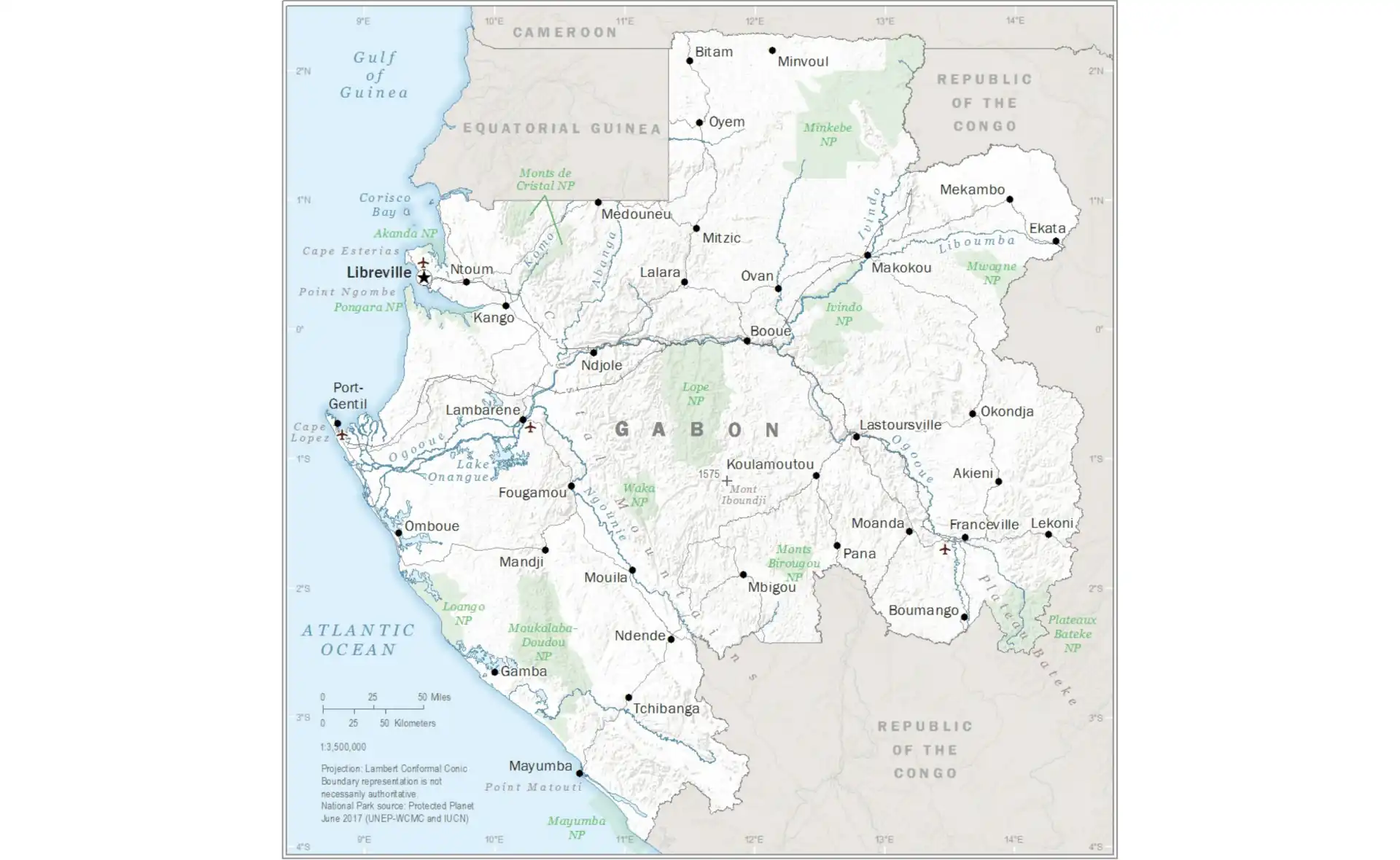 Map of Gabon showing major cities, borders, and geographical features