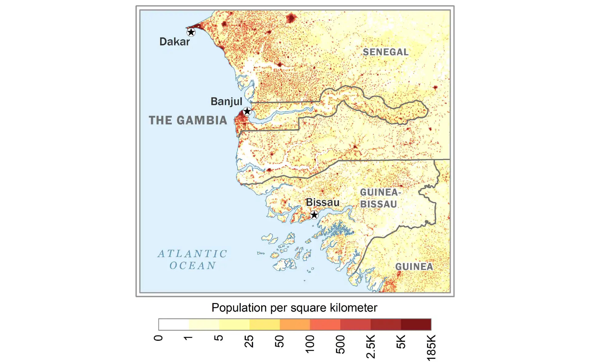 Population density map of The Gambia showing concentration along the river and coast