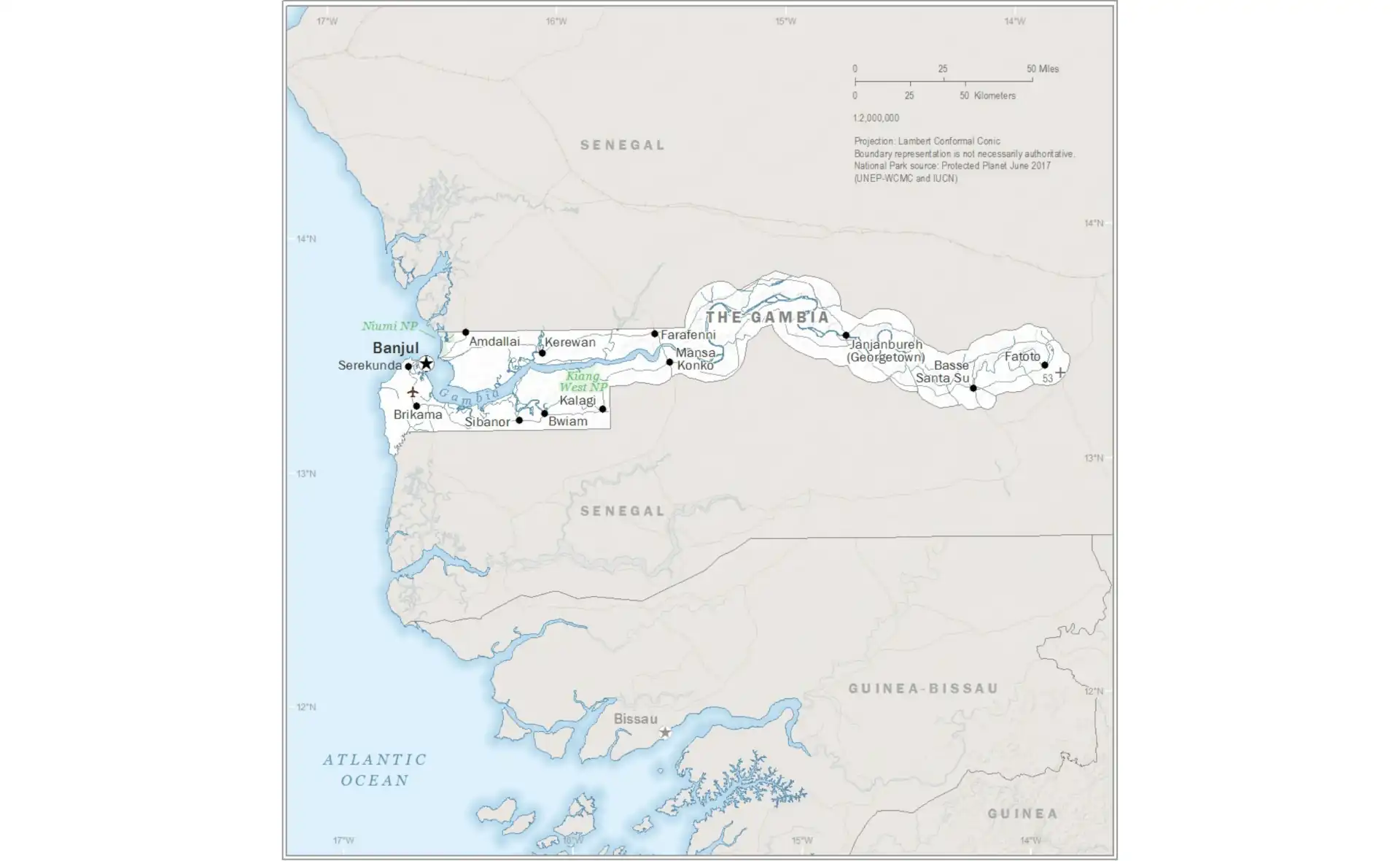 Map of The Gambia showing the river, major cities, and coastal areas