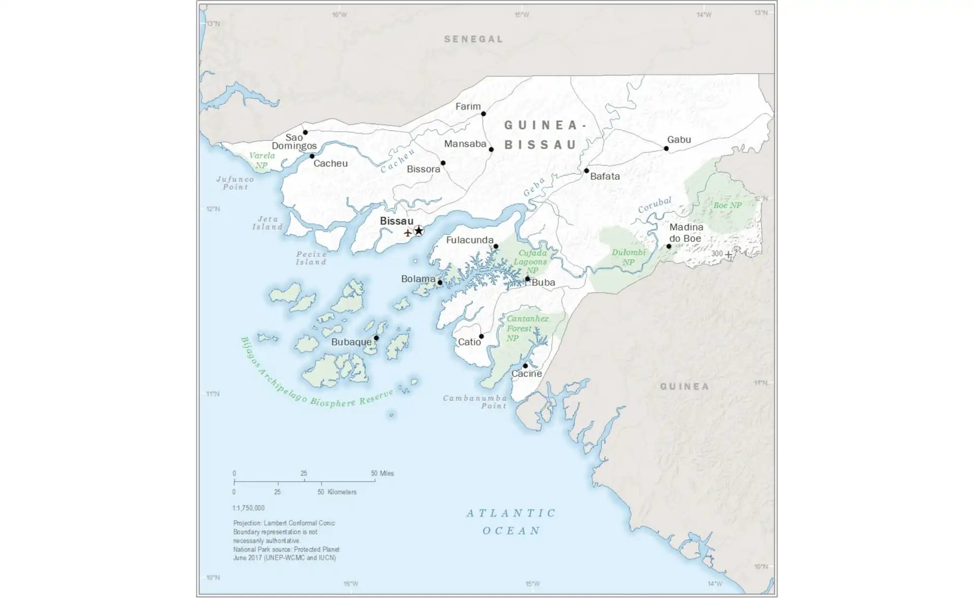Map of Guinea-Bissau showing islands, rivers, and major cities