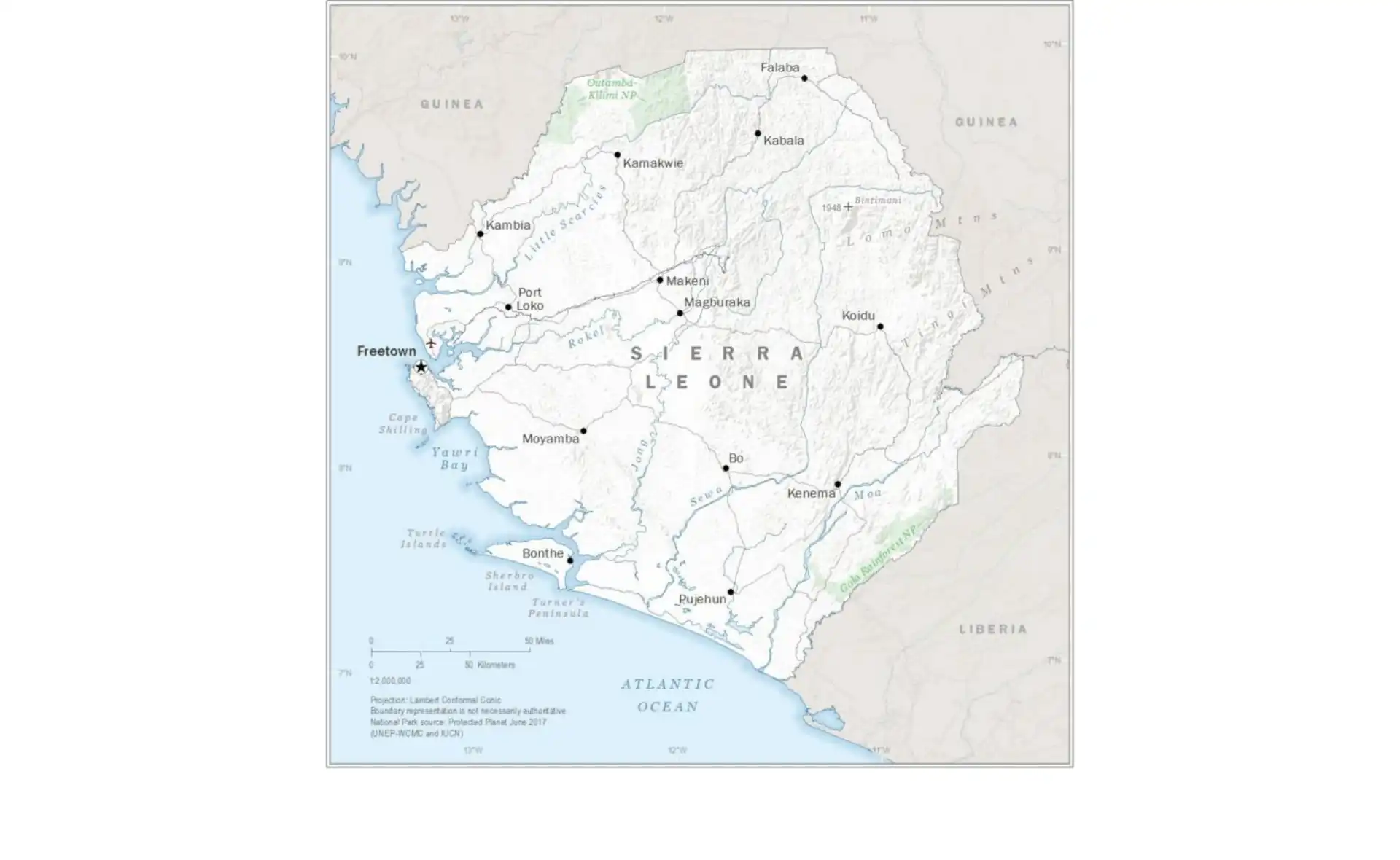 Map of Sierra Leone showing major cities, mountains, and coastal areas