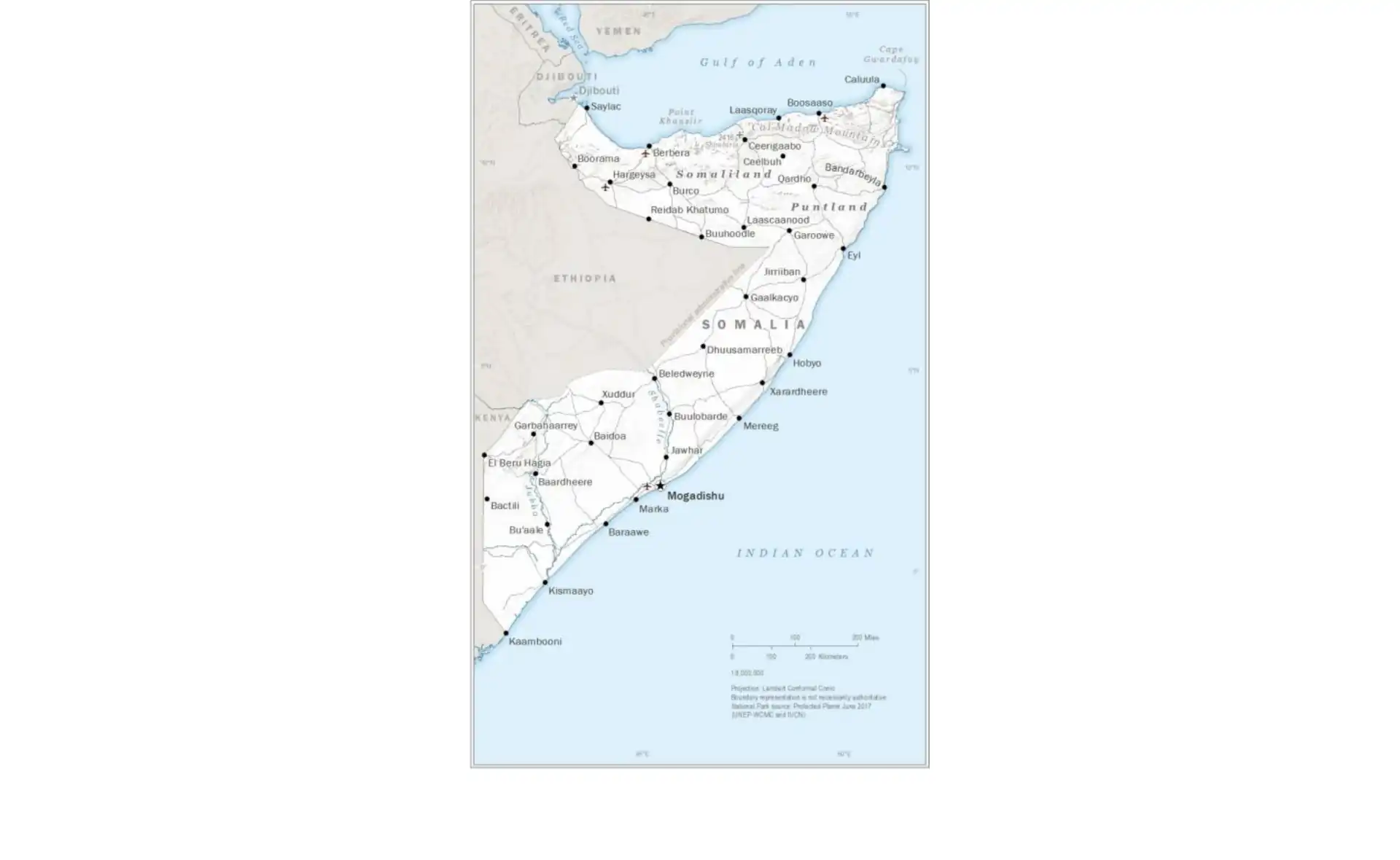 Map of Somalia showing major cities, borders, and geographical features