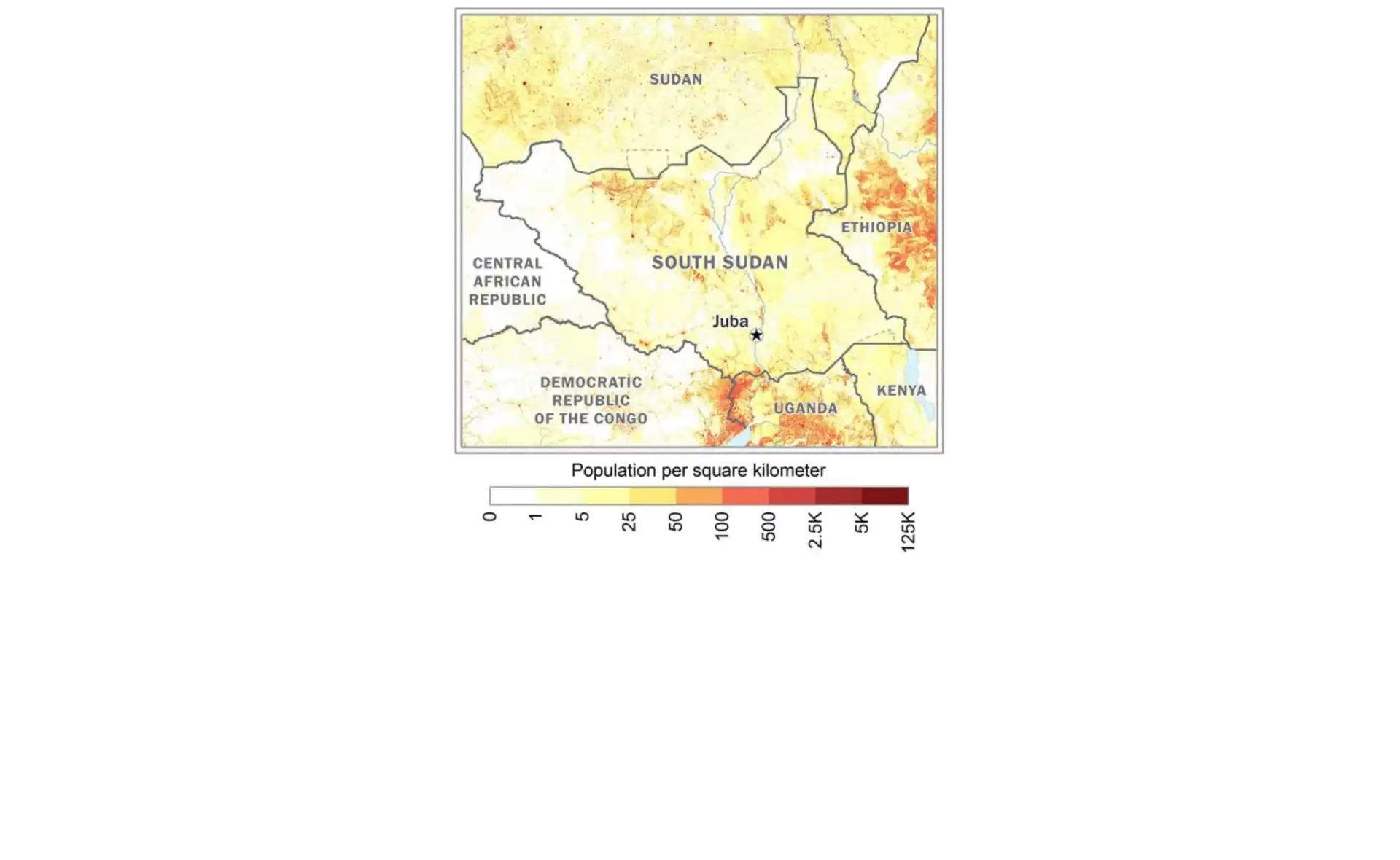 South Sudan population density map showing distribution of inhabitants across the country