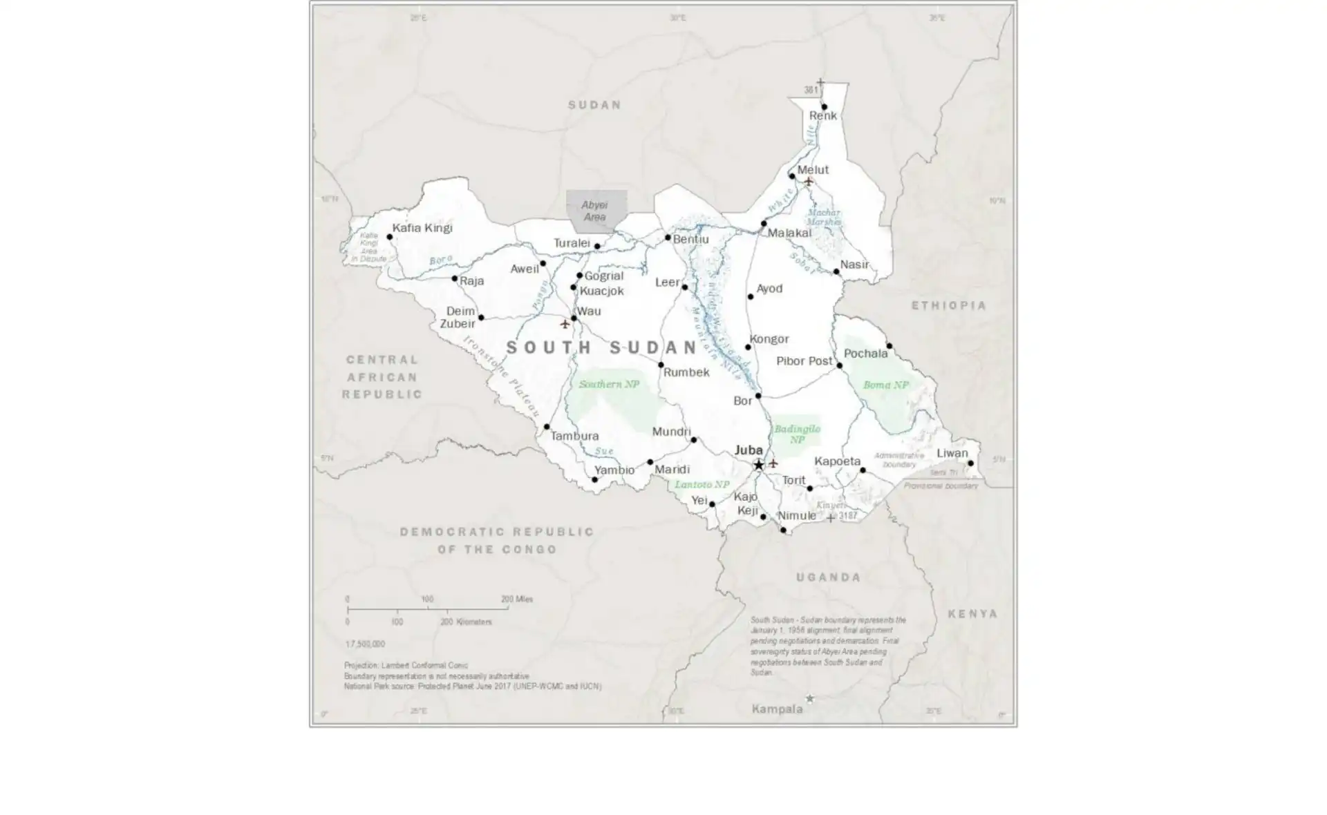 Map of South Sudan showing major cities, borders, and geographical features