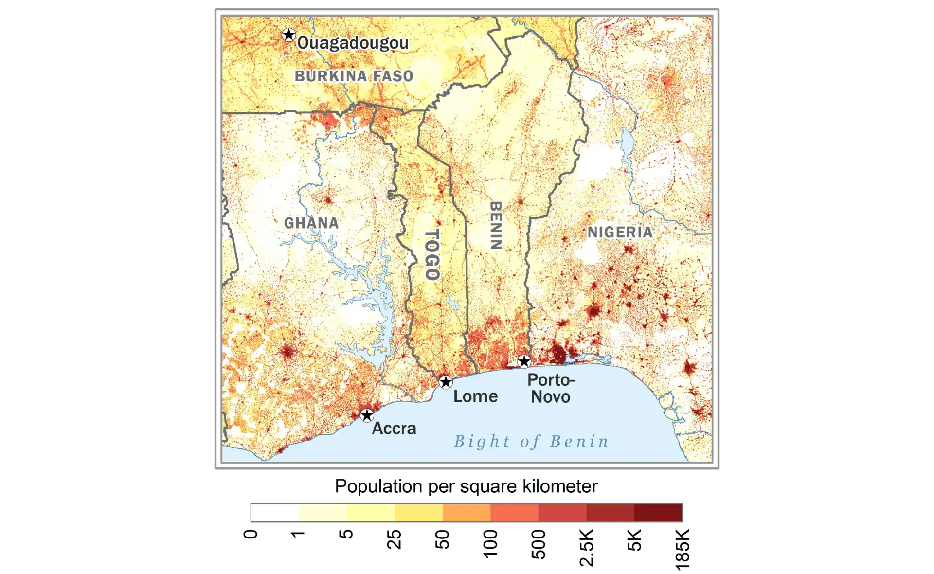 Togo population density map showing distribution of inhabitants across the country