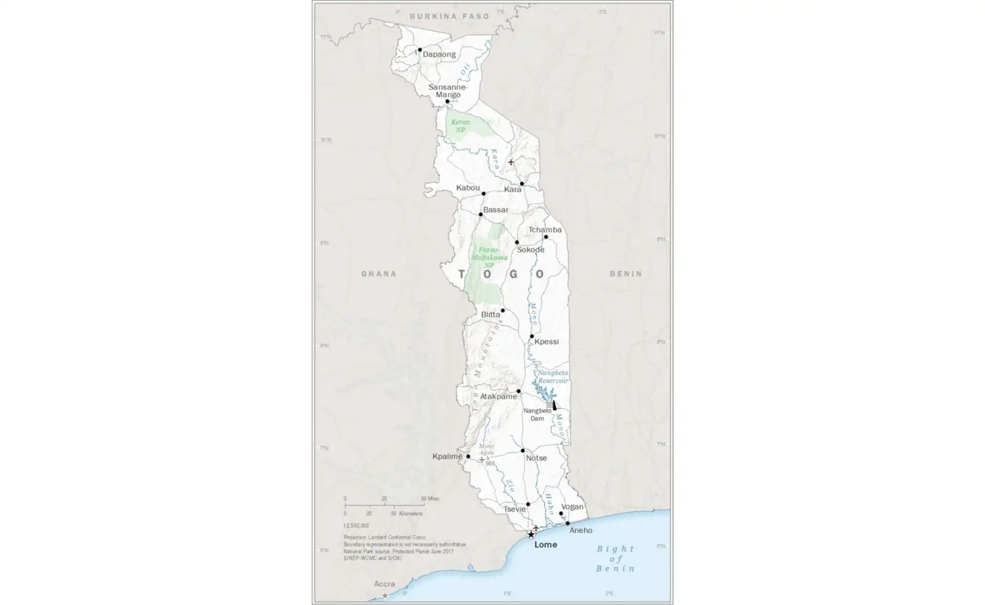 Map of Togo showing major cities, borders, and geographical features